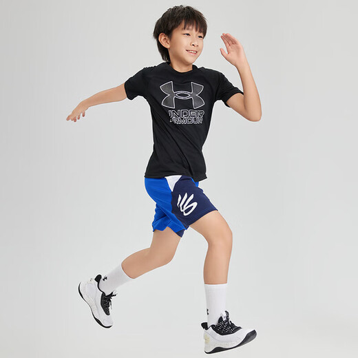 Under Armor children's clothing, children's short-sleeved round neck top, summer style for boys and girls, knitted moisture-absorbent outdoor sports quick-drying T-shirt, black 120, the size is small, please take one size larger as normal