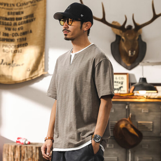 Jiaojing American retro fake two-piece bamboo cotton cool short-sleeved t-shirt for men 2025 summer henley collar polo shirt for men khaki_Weight 230g L_Suitable for 125-145Jin Jin is equal to 0.5 kg