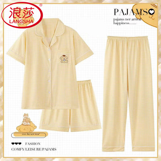 浪莎（LangSha）三丽鸥睡衣女夏季三件套装纯棉新款短袖春秋家居服 云朵棉-J9901#乐园小狗三件套 M 【建议75-100斤】