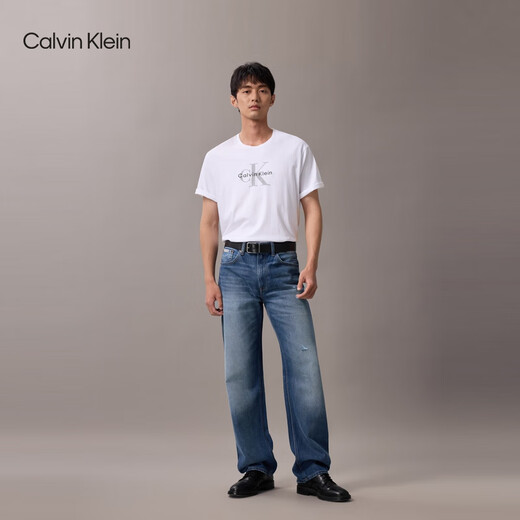 Calvin KleinJeans男士双面用商务休闲绅士风ck字母满印针扣腰带皮带礼物 V1D-太空黑/细纹灰 85cm