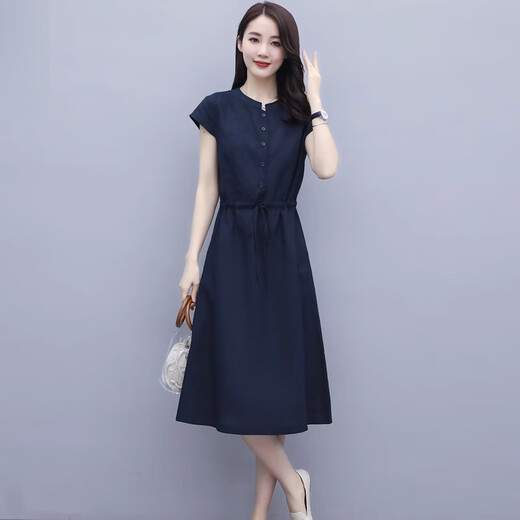 Egeangy International Light Luxury Damen-High-End-Kleid Sommer Neuer Stil 2025 Taille-Close Casual Simple Mamas Temperament Rock Navy [High-End-Geschenkbox] XL