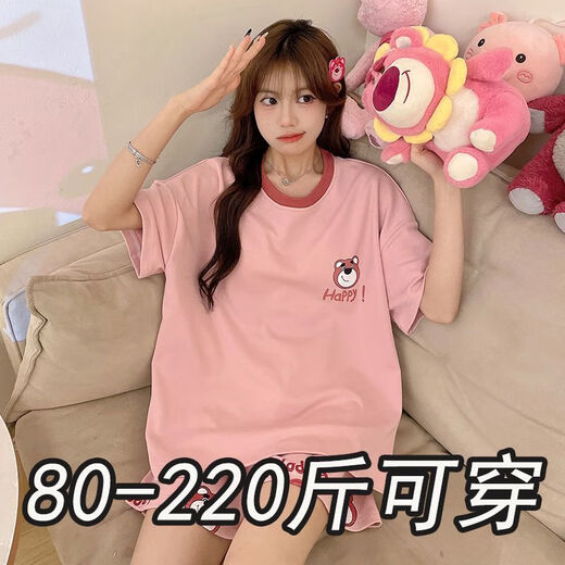 奢依君（SHEYIJUN）吉伊卡哇睡衣 夏天女夏季短袖短裤宽松大码学生卡通薄款家居服套 693黑笑脸【夏季】 M 【80-95斤穿】