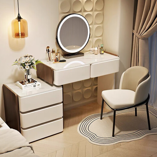 Fantasy Dressing Table Bedroom Feel Drawer Cabinet One-piece Solid Wood Dressing Table Drawer Cabinet One-piece Bedroom 2025 New Modern 80cm Table + Cabinet + Smart Mirror + Pier Stool Three Drawer Cabinet - White Slate Countertop