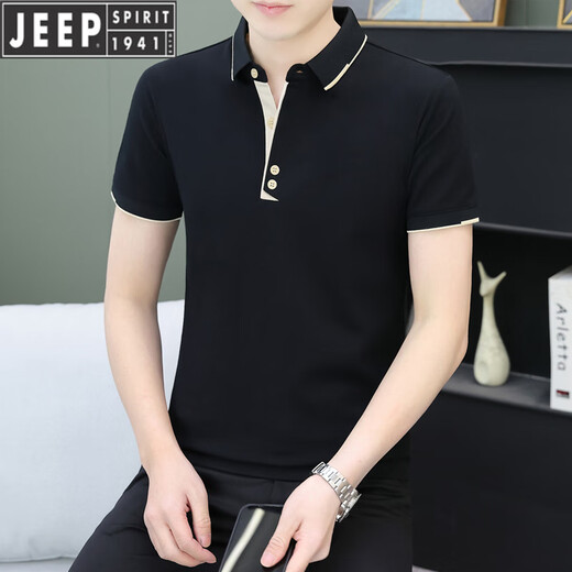 吉普（JEEP）polo衫男士短袖t恤夏季新款商务休闲有领上衣服男装翻领半袖体恤 黑色 QY723 M