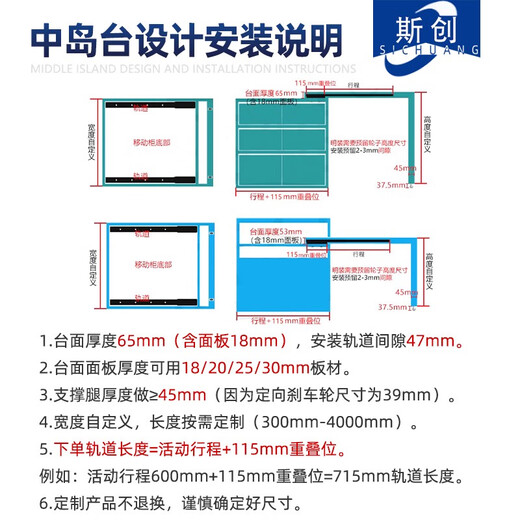 上银中岛台侧装款导轨开放式岛台厨房餐桌抽拉滑道隐形伸缩吧台 导轨总长1700mm/行程1585mm