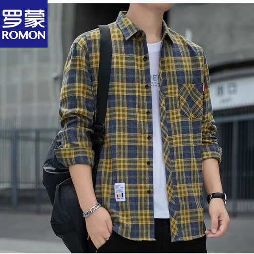 
Romon plaid casual shirt men's spring and autumn long-sleeved shirt Korean top retro loose summer thin jacket K12111 m blue + K12111 yellow blue M 90-110Jin[Jin equals 0.5 kg]