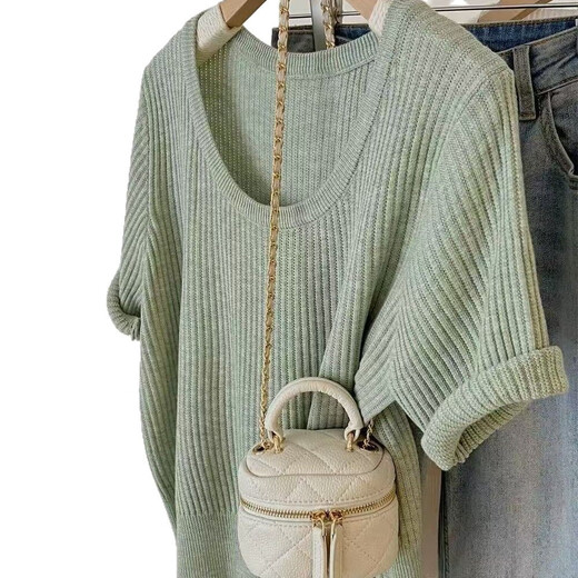 
Yingtang yellow front shoulder short-sleeved T-shirt for women 2025 summer new high-end and versatile slim fit short knitted off-white, single size 12247[80-120Jin[Jin equals 0.5 kg]]