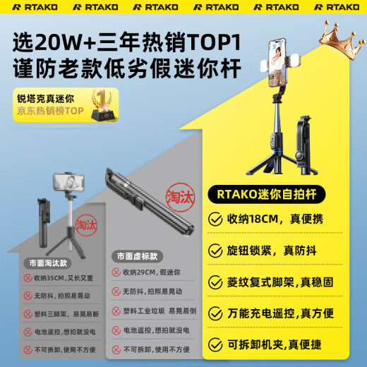 Rtako sales NO.1] Super mini selfie stick 2025 new mobile phone telescopic tripod stable travel selfie artifact 360 degree rotating multi-function portable desktop anti-shake remote control Black 1.1 meters [detachable | triangle support | horizontal and vertical shooting] + Douyin remote control