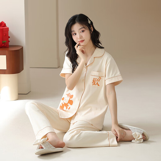 浪莎（LangSha）睡衣情侣装一男一女夏季纯棉7A抗菌短袖长裤结婚喜庆可外穿家居服 6221【喜欢】 M 女+XL男