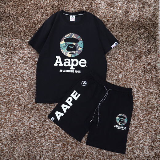Camiseta de cuello redondo de algodón de algodón puro de AAPE Camuflage Ape Man Pure Algodón para hombres y mujeres Summer Summer Shorts Funds Funds Set de dos piezas Traje negro 21 (535 mangas cortas + 829 pantalones cortos) M 80Jin [Jin iguala 0.5 kg] ~ 120Jin [Jin equivale a 0.5 kg]