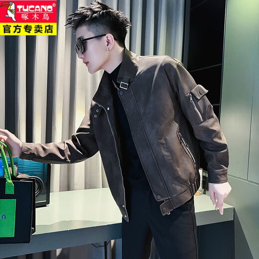 啄木鸟（TUCANO）皮衣外套男秋冬款加厚痞帅美式复古短款皮褂子飞行员机车服夹克衫 咖色 A343-JK180收藏加购优先发 M