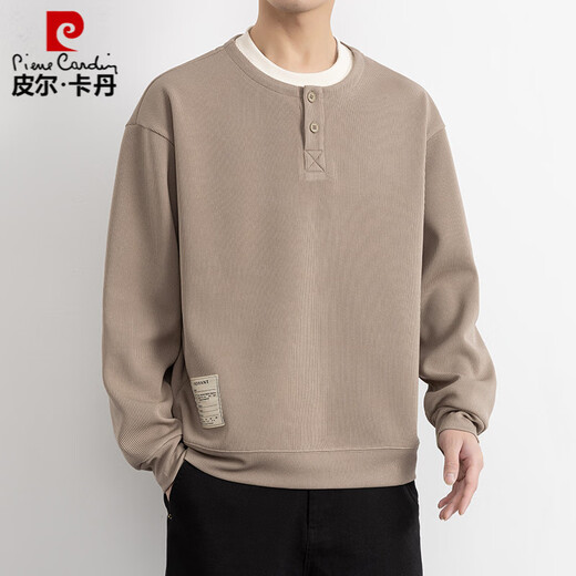 Pierre Cardin fake two-piece sweatshirt for men 2025 spring and autumn Henley collar inner layering shirt long-sleeved T-shirt top knitted off-white 3XL (approximately 160-180Jin Jin equals 0.5kg can be worn)