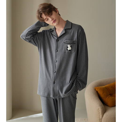 Fenten couple pajamas mousse velvet spring and autumn striped long-sleeved suit for men and women loose casual large size new home clothes gray single men's model XL recommended female 124-142, male 146-165 Jin Jin is equal to 0.5 kg