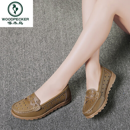 啄木鸟夏季平底豆豆鞋软底女单鞋镂空真皮透气舒适妈妈鞋休闲护士小白鞋 6629镂空白色 37