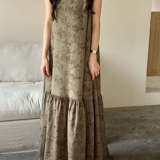 IOSN2025新款无袖连衣裙长裙睡裙女可外穿加长款女士背心裙御姐 8002无袖裙蓝色花朵 缩水大 均码 T裙长13590-150斤