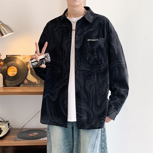 POUM tie-dye high-end long-sleeved shirt men's autumn and winter American casual shirt jacket G806 interstellar black 3XL
