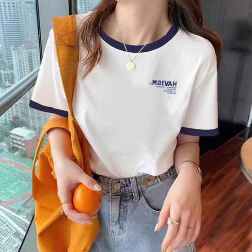Pierre Cardin T-Shirt Sommer 2025 Neues kontrastierendes T-Shirt für Frauen kurzärmelig, vielseitig, trendy lose schlankes Top INS Trendy Women KC693 Blue Collar S