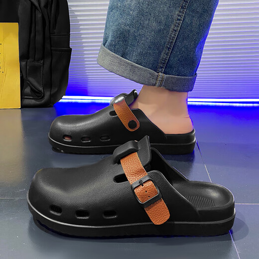 Baotou half slippers men wear thick sole without heel in summer driving dual-purpose sports beach hole sandals 001 black 41