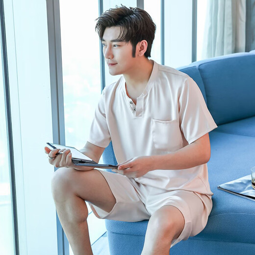 UKUHPK summer men's ice silk pajamas short-sleeved shorts suit thin home clothes cardigan 9864-gray blue L (100-125Jin[Jin equals 0.5 kg])