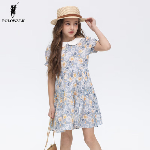 POLOWALK Cotton Summer Children's Clothing Girls Dress 25 Summer New Vacation Style Printed Versatile Skirt Blue 110