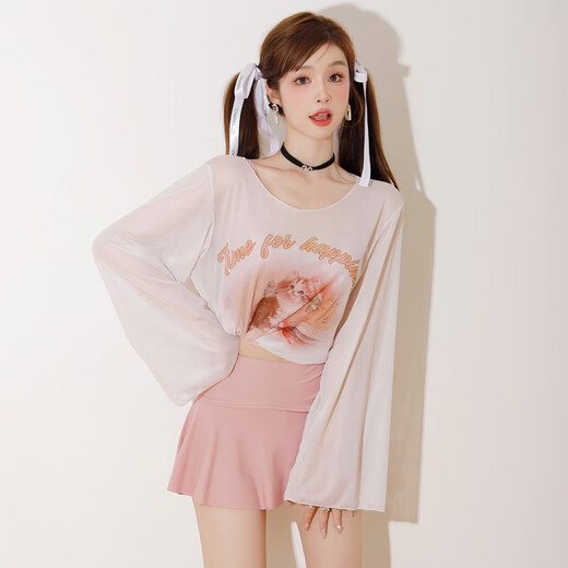Lugeli swimsuit for women, conservative split long-sleeved blouse, skirt style, sun protection, flesh-covering, slimming, hot spring vacation, simple style swimsuit, three-piece set, pink, one size fits all, 80-120Jin Jin is equal to 0.5 kg, can be worn