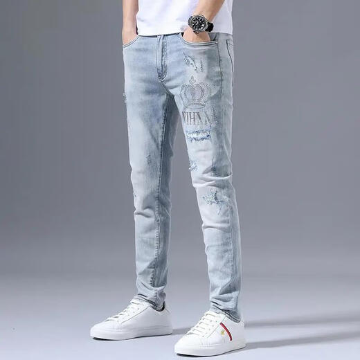 Jeans étirés haut de gamme de Zhidoudou pour la marque à tendance à la mode à la mode à la mode à tendance des pieds minces minces minces minces de pantalon bleu clair 3890 couronne, taille moyenne 34 [suggéré 155-165jin [Jin est égal à 0,5 kg]]]