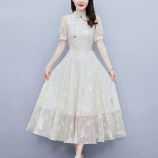 
OLJ high-end brand dress for women 2025 summer new Chinese style modified cheongsam temperament slim skirt apricot color M 80-100Jin [Jin equals 0.5 kg]