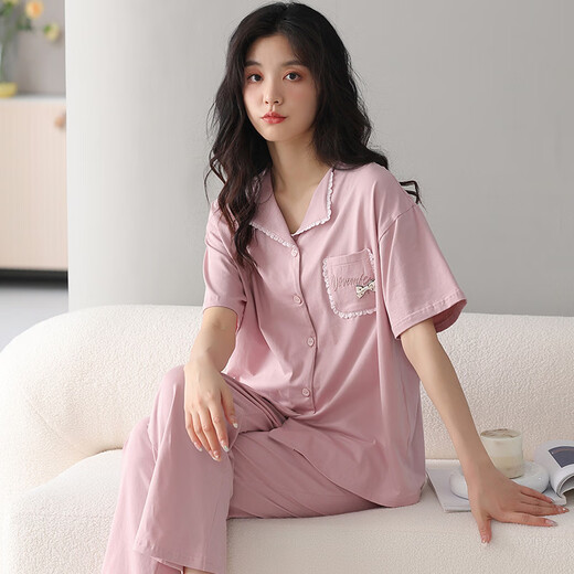 诸禄凉感莫代尔睡衣女夏季短袖长裤春秋薄款套头大码家居服女夏款套装 HN761 M 女-