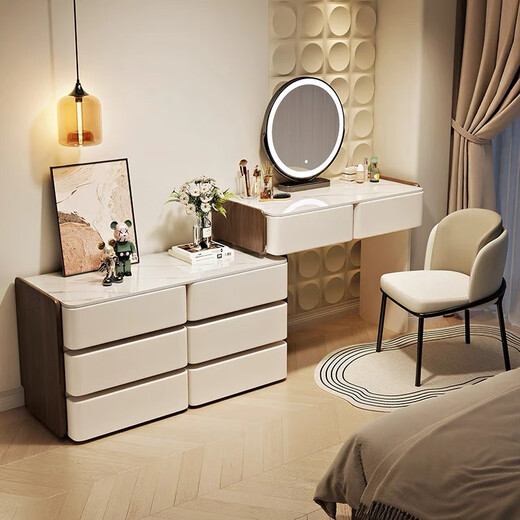Fantasy Dressing Table Bedroom Feel Drawer Cabinet One-piece Solid Wood Dressing Table Drawer Cabinet One-piece Bedroom 2025 New Modern 80cm Table + Cabinet + Smart Mirror + Pier Stool Three Drawer Cabinet - White Slate Countertop