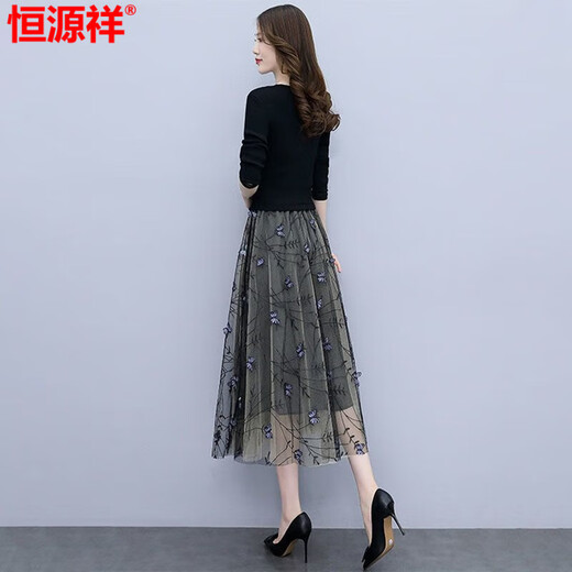 恒源祥纱料连衣裙女春秋2025新款夏高端精致奢华品牌气质名媛假两件套装 黑色 M 建议85-100斤