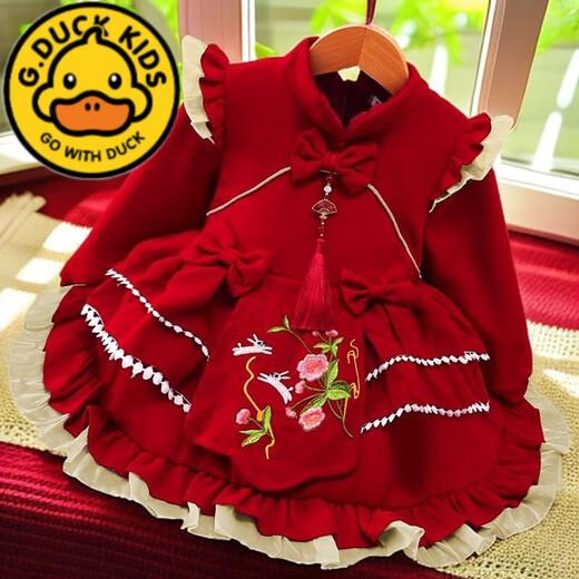 G.duck girls' dress, autumn and winter style, children's New Year's red festive Chinese New Year's greeting dress, baby's one-year-old dress Lolita 008 winter style plus velvet, pre-sale for 15 days 100 cm