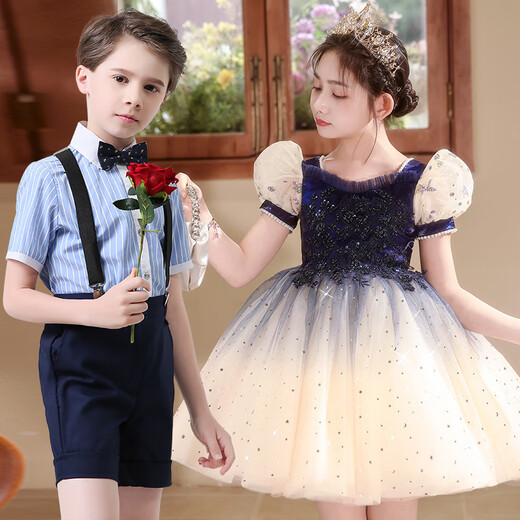 Children's Chorus Performance Clothes for Primary and Secondary Schools, Piano Recitation Dress, Kindergarten Performance Clothes, Girls' Puff Skirt, White Short Sleeves + Ju Ge Shorts + 55-4 Strap + Ju Ge 180 cm