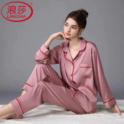 浪莎（LangSha）轻奢冰感女款睡衣冰长袖家居服女春秋款夏季新款真丝薄款 3899浅灰色 M (体重80斤到100斤)