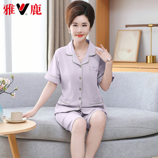 Yalu high-end mother cardigan pajamas for women in summer pure cotton short-sleeved cropped pants large-size thin style middle-aged and elderly mothers' home clothes 9892 M [80-100Jin [Jin equals 0.5 kg]]