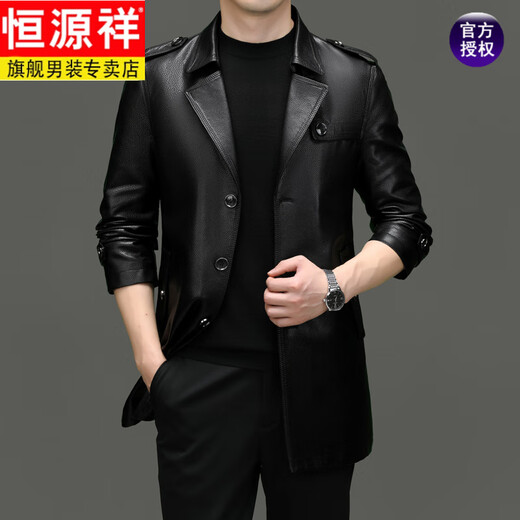Hengyuanxiang cortavientos de marca de alta gama chaqueta de cuero informal de mediana edad y longitud media para hombres abrigo de primavera y otoño para papá abrigo exterior con solapa de primavera longitud media negro de un solo pecho 3XL 190/108A