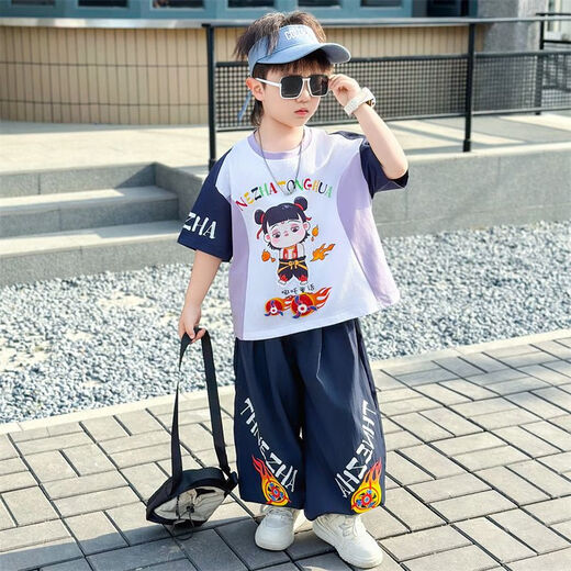 男童套装夏装2025新款中小童哪吒衣服儿童薄款两件套潮酷男孩t恤 825款-【紫色套装】 120  尺码 建议咨询客服