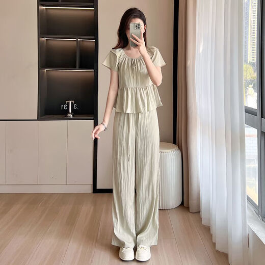 恒源祥网红休闲短袖套装女2025夏季宽松遮肉设计感褶皱上衣阔腿裤两件套 黑色 XL 【建议115-130斤】
