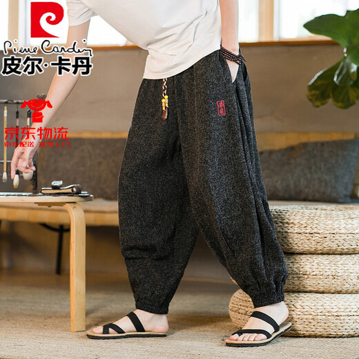 Pierre Cardin Leinenhose Herren Sommer dünner chinesischer Baumwollwäsche Leinen lässig Hosen Lose großer großer Bein großer Harem Hosen Trendy Black 3xl