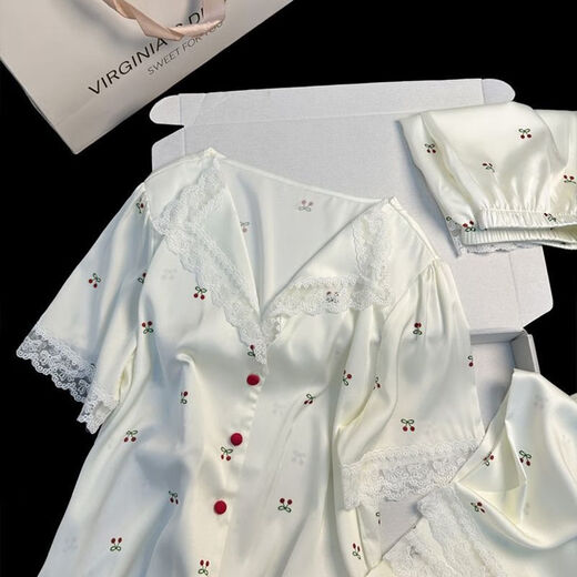 UKUHPKins小樱桃蕾丝边睡衣女夏季三件套短袖短裤长裤家居服薄 LW-9214【短袖短裤】 XL 【建议120-135斤】
