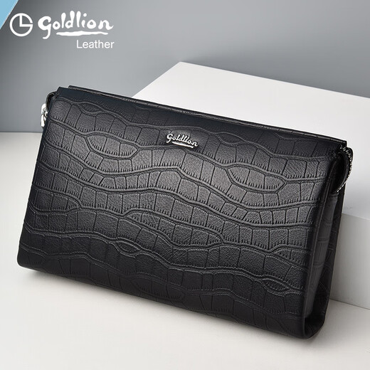 Goldlion men's handbag genuine leather brand 2025 new cowhide crocodile pattern large-capacity clutch men [Black] Official authorization