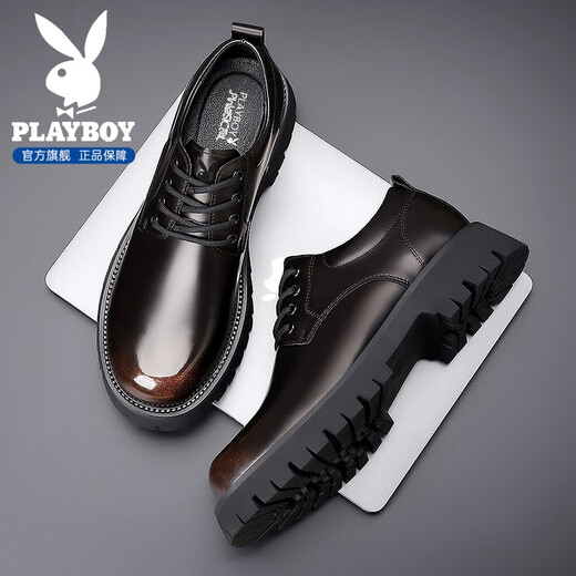 花花公子皮鞋男鞋牛皮2025秋冬季新款商务休闲正装英伦增高德比皮鞋子男 棕色【臻品典藏】 44