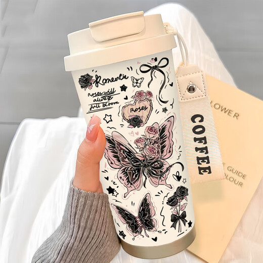 膳魔师（THERMOS）蝴蝶保温杯不锈钢便携双饮咖啡杯2025新款女吸管水杯子高颜值 BW1047银色蝴蝶+配挂绳