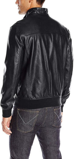 Tommy Hilfiger Men's Faux Leather Bomber Jacket Ribbed Knit Collar Black Large