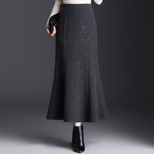 ROMON fishtail skirt spring and autumn style small fragrant skirt temperament long skirt woolen skirt hip-covering skirt gray skirt women's winter skirt gray M suitable for wearing 90-100Jin Jin is equal to 0.5 kg