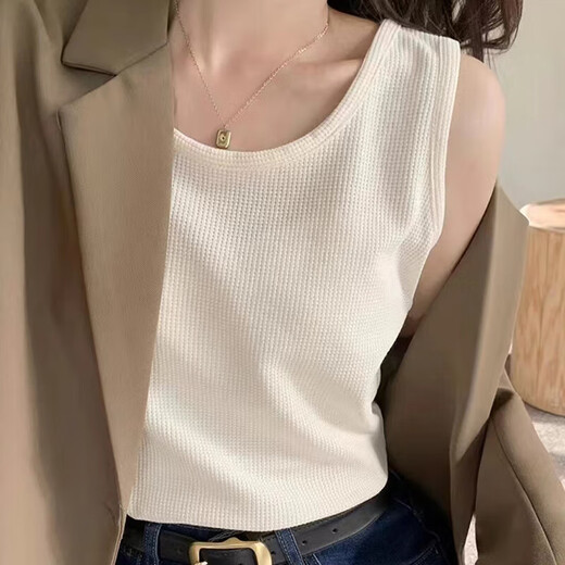 New summer suspender vest for women wearing inner and outer bottoming shirts, fashionable waffle splicing design sleeveless tops, B167-white L Recommended 105-115Jin [Jin equals 0.5 kg]