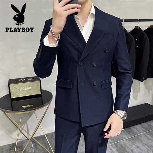 Playboy (PLAYBOY) high-end double-breasted peaked lapel suit men's wedding Korean version slim British style casual small suit jacket navy blue jacket + pants 4XL (163-175Jin Jin equals 0.5 kg)