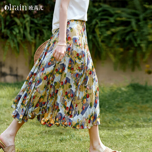 Olrain Ou Ruier printed pleated French holiday skirt women's summer 2025 new oil painting style A-line skirt pattern XL
