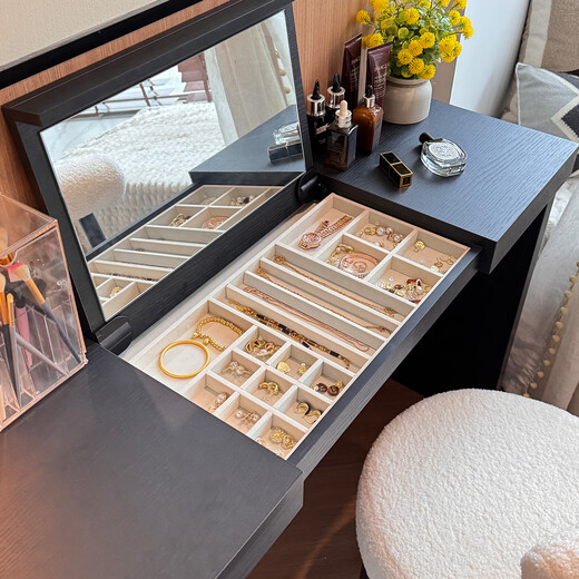 E home charm Italian light luxury flip dresser and drawer integrated bedroom bedside cabinet modern simple storage bedside cabinet dresser flip-up hidden mirror + touch sensor light warm white bull socket + concealed lock 1.2m dresser + 1.2m six drawer cabinet + makeup chair