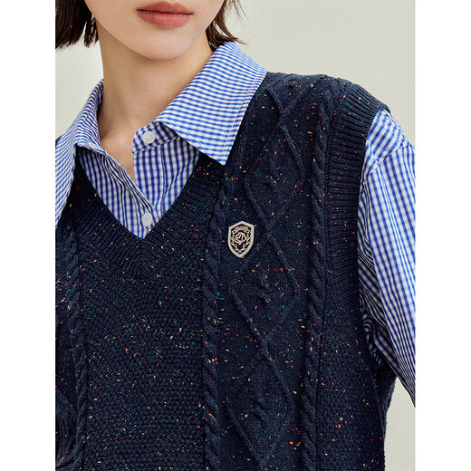 Inman College -Style -Kabel -Farbpunktpunkte geschichtete Strickweste 2025 Herbst Frauen neuer Retro -Weste Pullover dunkelblau l