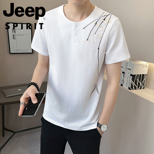 JEEP SPIRIT新中式国风v领短袖T恤男夏季亚麻2025新款透气竹子半袖男士体恤衫 9856卡其色 M (约90~105斤可穿)